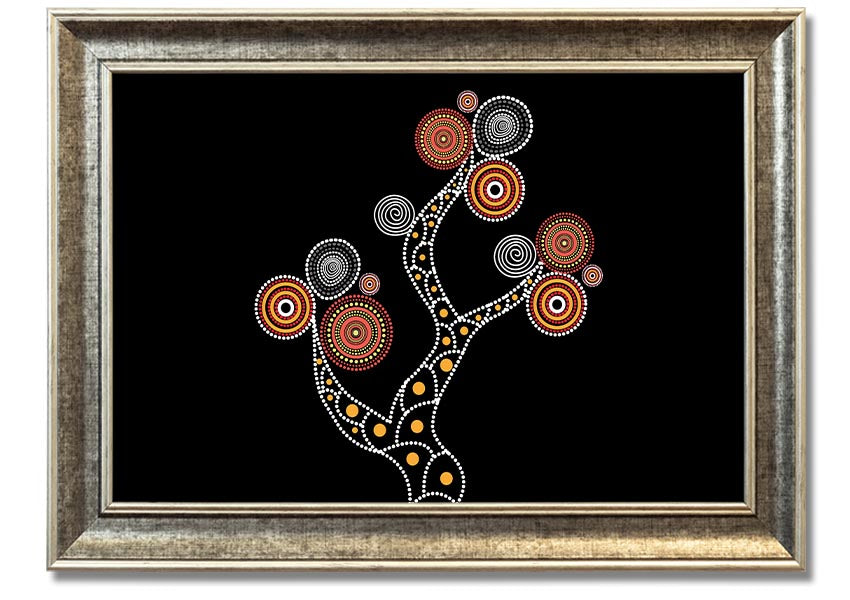 Framed Aboriginal Tree 1 print showcasing vibrant colors and intricate patterns, ready to hang.